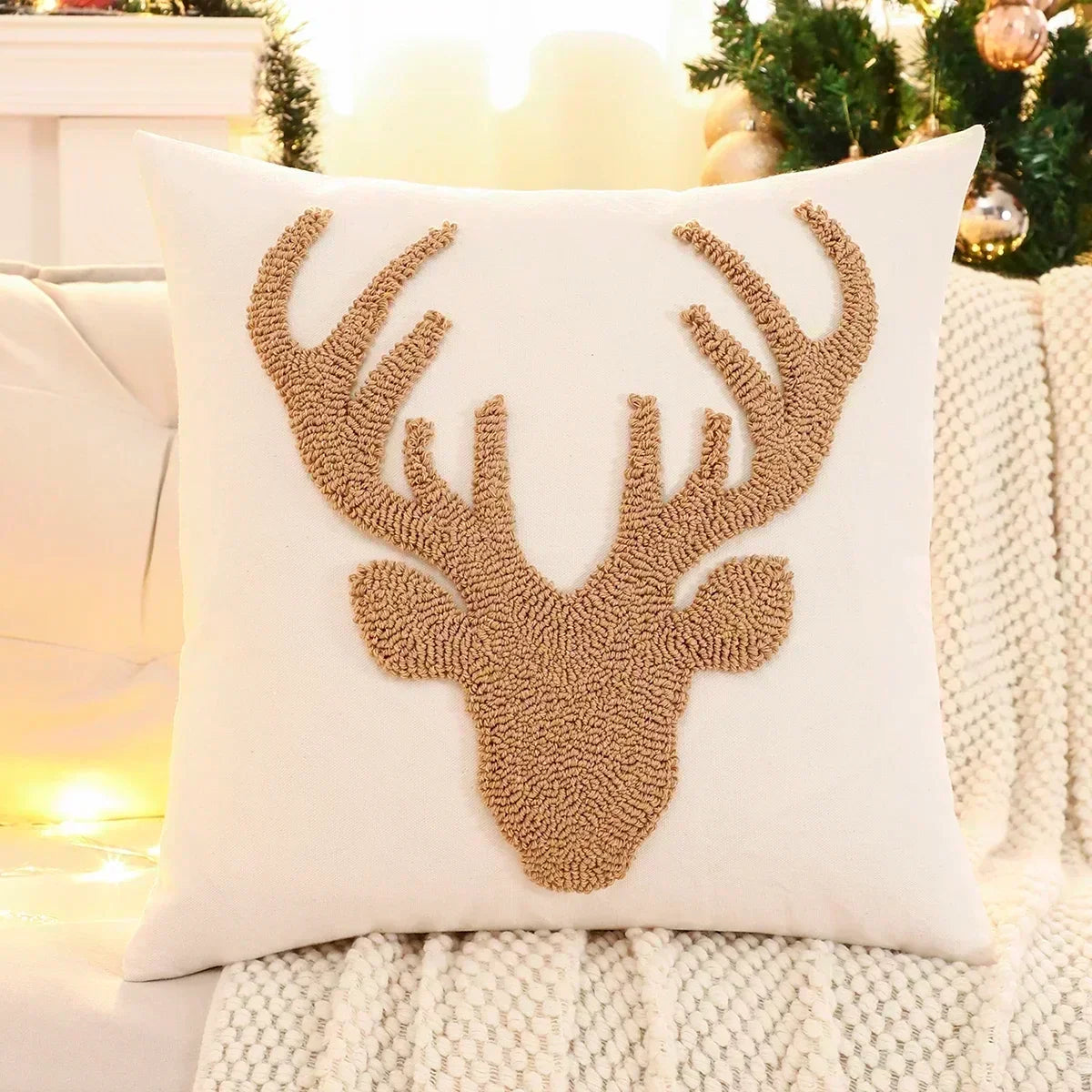 1 PC Christmas Decoration Throw Pillow Cover Embroidery Canvas Tufted Christmas Deer