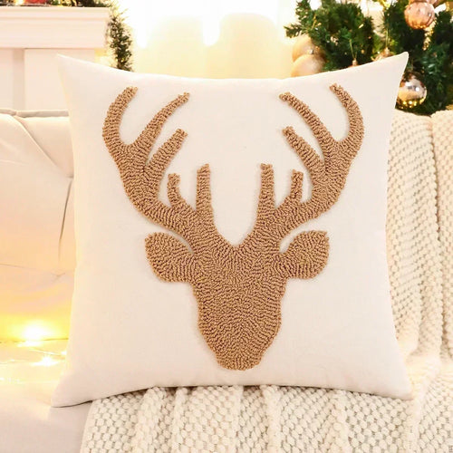 1 PC Christmas Decoration Throw Pillow Cover Embroidery Canvas Tufted Christmas Deer