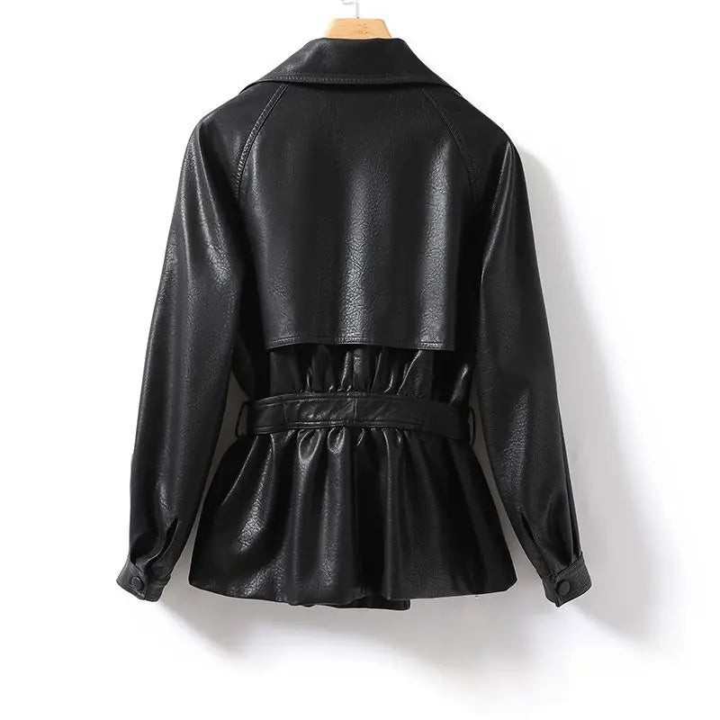 Fashionable Genuine Leather Jacket for Women Waist-Tied Loose Fit Black or Brown  |  Casual Luxury Outerwear