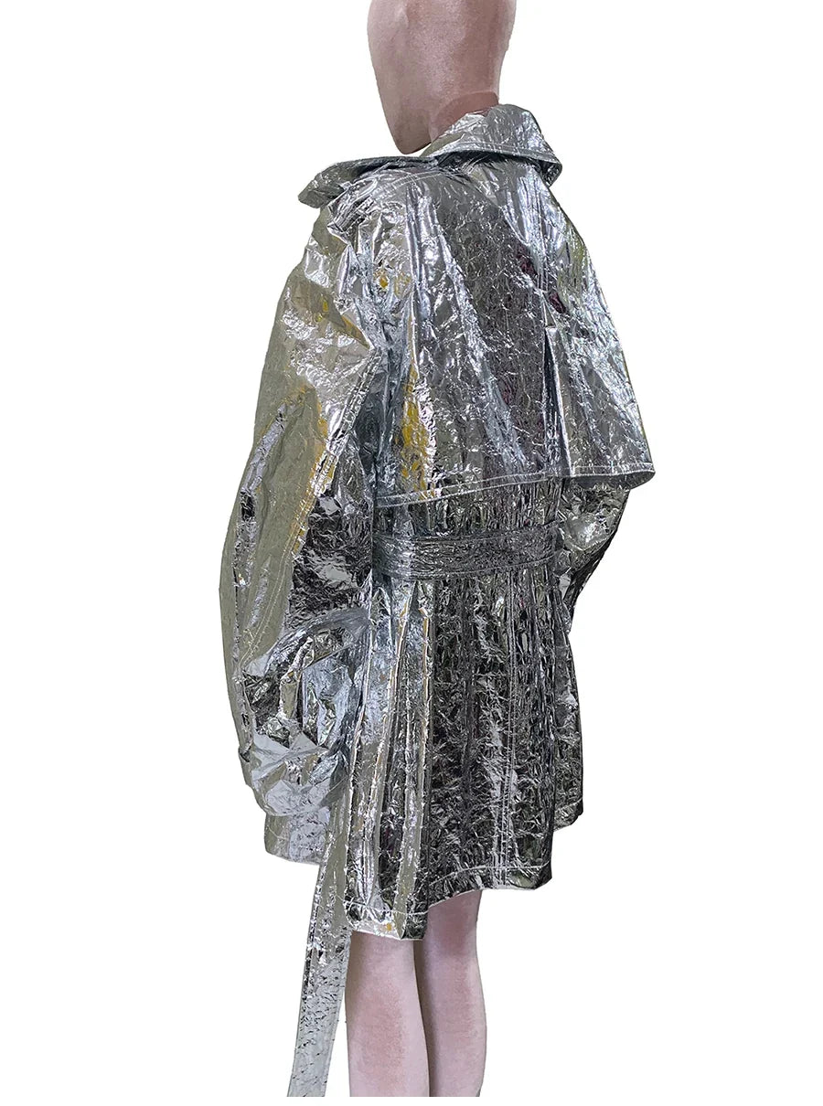 Autumn Oversized Shiny Silver Trench Coat for Women Belt Double Breasted European Fashion Emo Clothes Y2K Streetwear