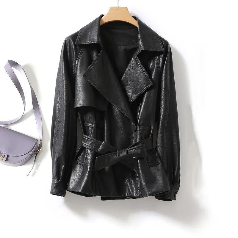 Fashionable Genuine Leather Jacket for Women Waist-Tied Loose Fit Black or Brown  |  Casual Luxury Outerwear