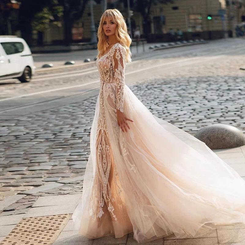 2-in-1 Princess Wedding Dress – Detachable Train, Vintage Full Sleeves & Beaded Embroidery, Custom Made