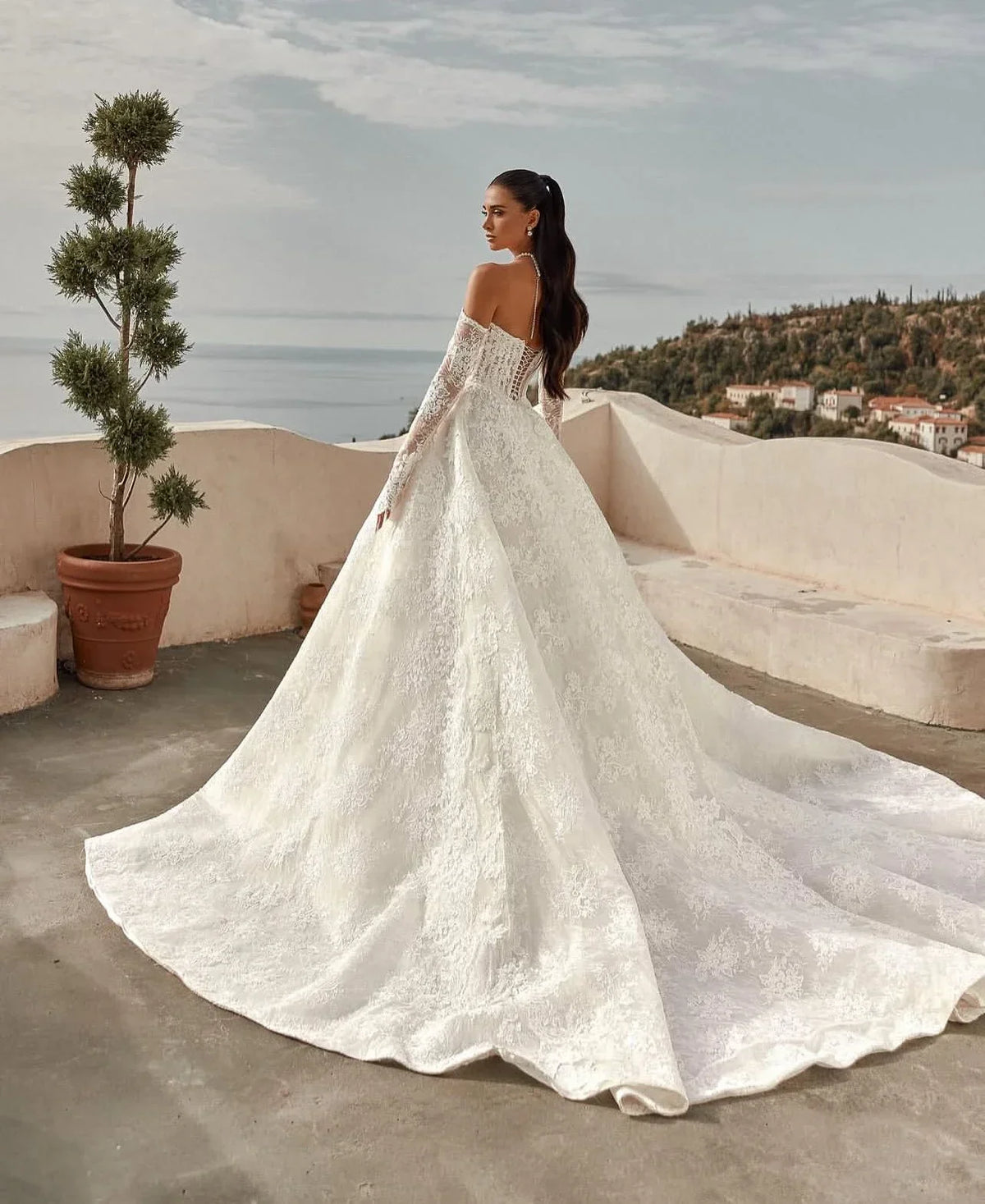 Lace Princess Ball Gown Wedding Dress – Long Sleeve, Off-Shoulder, Custom Made