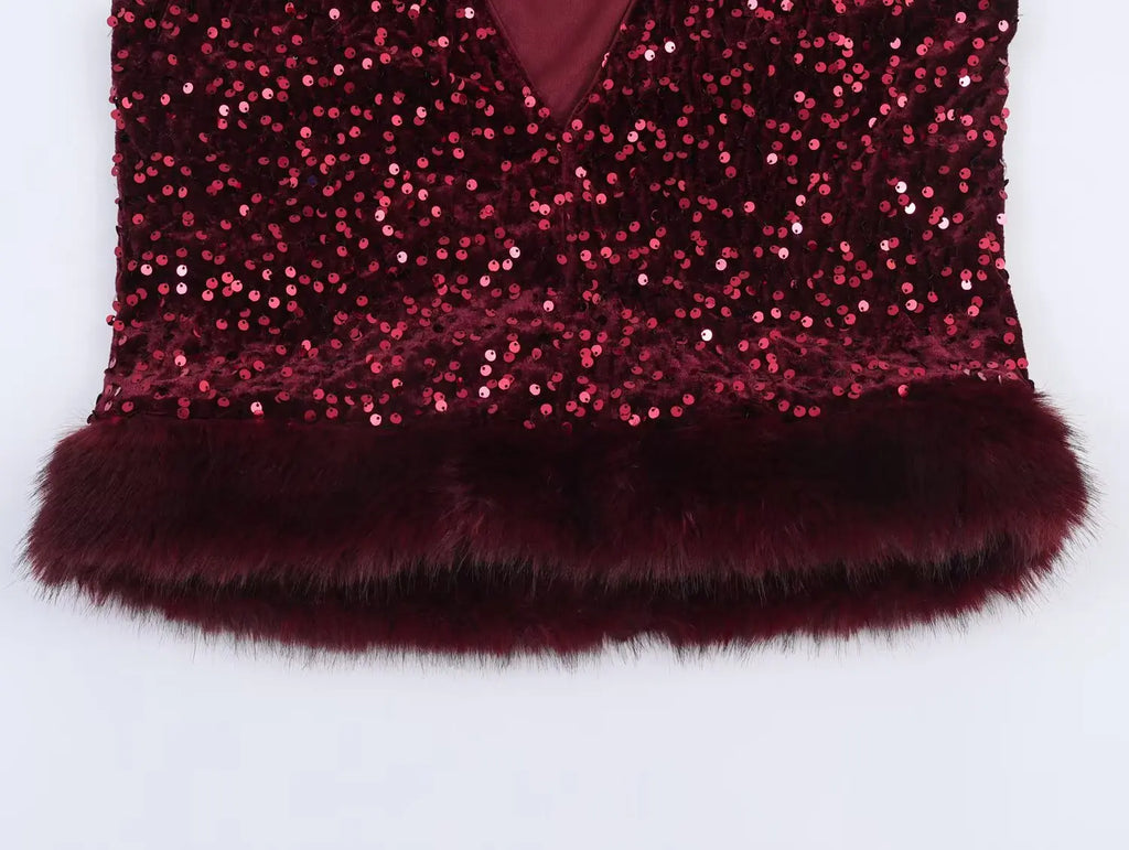 Chic Elegant Sequin Pants 2 Pieces Sets For Women Sequin Fur Vest Top Women's Suit 2026 New Year Party Woman Outfits ﻿