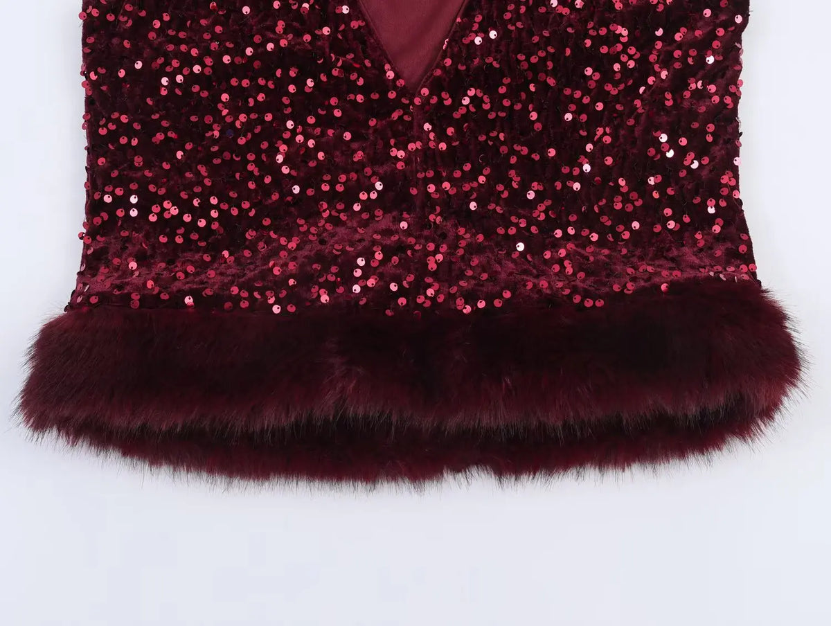 Chic Elegant Sequin Pants 2 Pieces Sets For Women Sequin Fur Vest Top Women's Suit 2026 New Year Party Woman Outfits ﻿