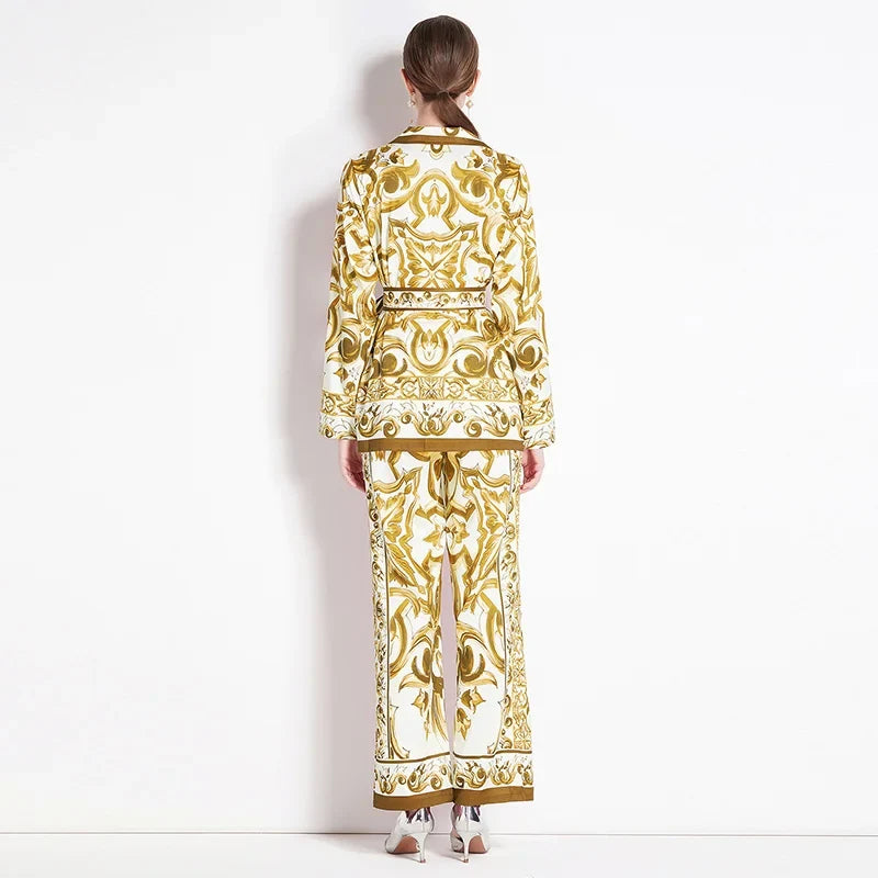 2025 Spring Yellow Floral Print Two-Piece Set – Long Sleeve Shirt with Waist-Cinching Slim Pants
