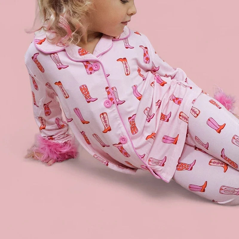 Christmas Mom and Me Matching Cowgirl Pajamas Set – Boot Print Long Sleeve Top & Pants Family Loungewear
