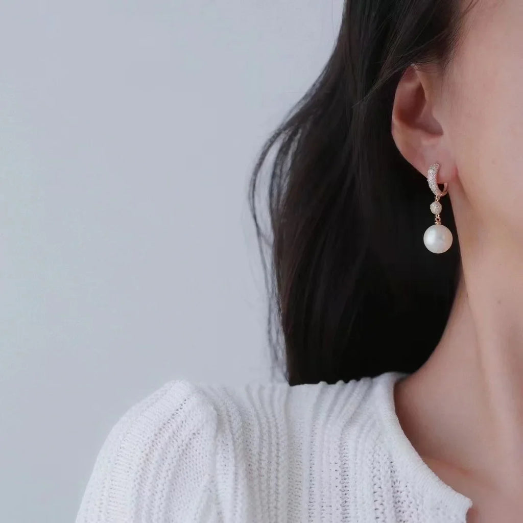 AAA10-11mm 11-12mm Natural South Sea Round White Pearl Earrings 925s Exquisite Earrings