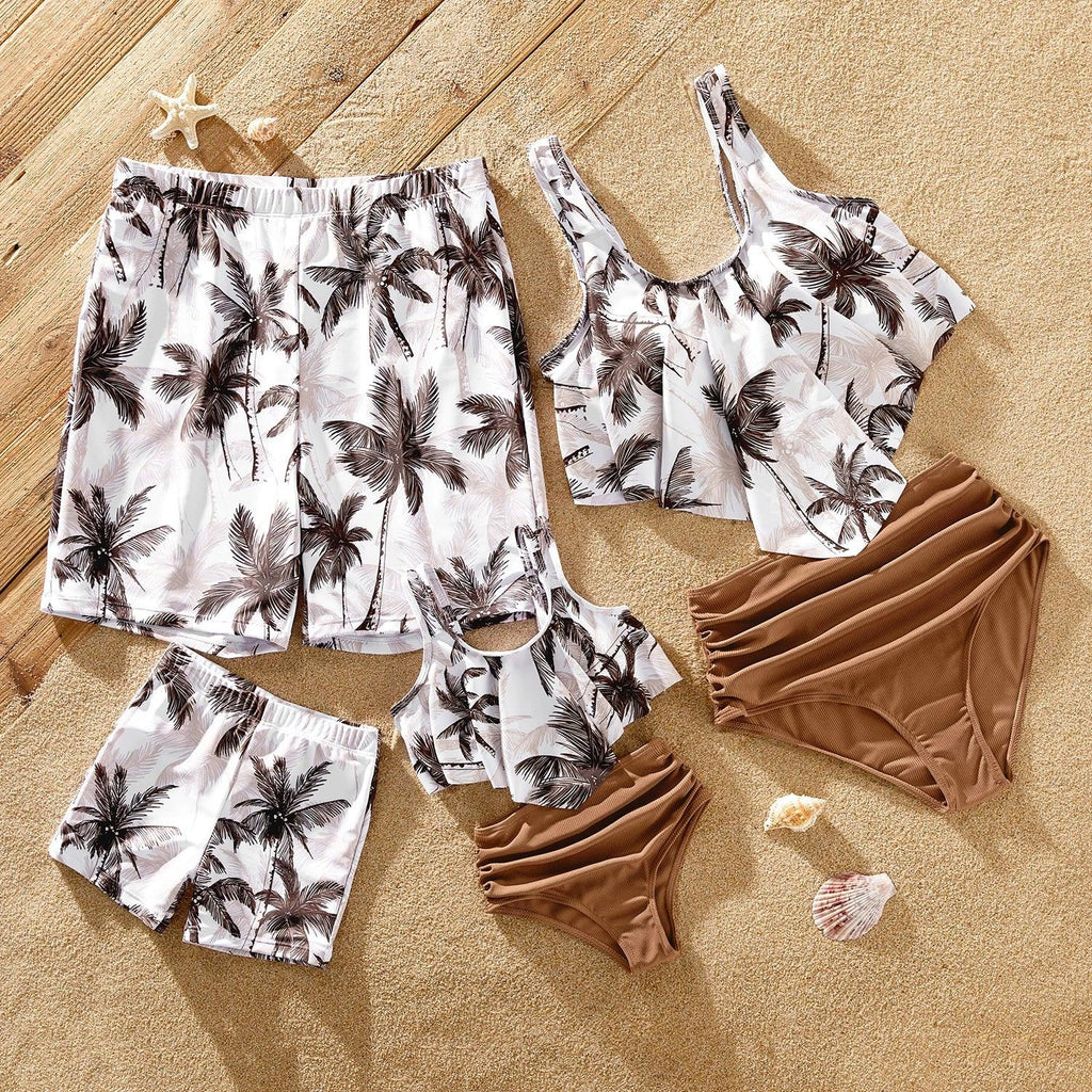 Family Matching Beach Outfits: Coconut Tree Print Swimwear  One-piece Swimsuit & Swim Trunks