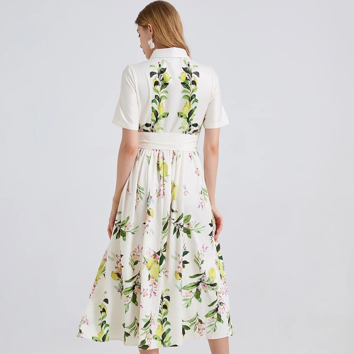 2025 Brand Designer Pear Tree Print Long Shirt Dress  -  Summer Holiday Midi Dress for Women