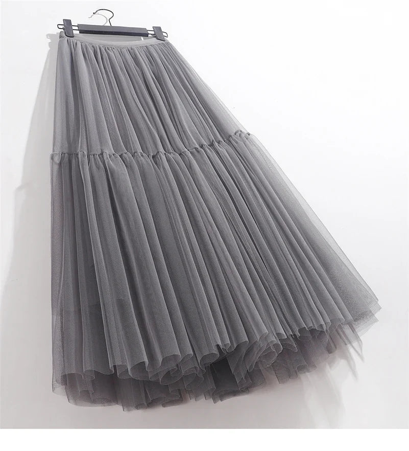 Elegant High Waist Tulle Skirt – Solid Color A-Line Mesh Tutu Skirt for Women