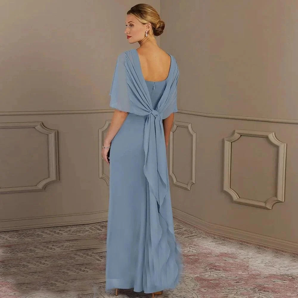 Blue Chiffon Mother of Bride Dress with Zipper Back