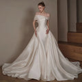 Off-the-Shoulder Satin Mermaid Wedding Dress – Sweetheart Neckline, Beaded Bow & Detachable Train, Custom Made