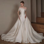Off-the-Shoulder Satin Mermaid Wedding Dress – Sweetheart Neckline, Beaded Bow & Detachable Train, Custom Made
