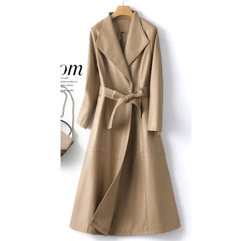 Elegant Sheepskin Leather Trench Coat for Women  –  Double Breasted Office Lady Long Coat with Pockets & Adjustable Waist