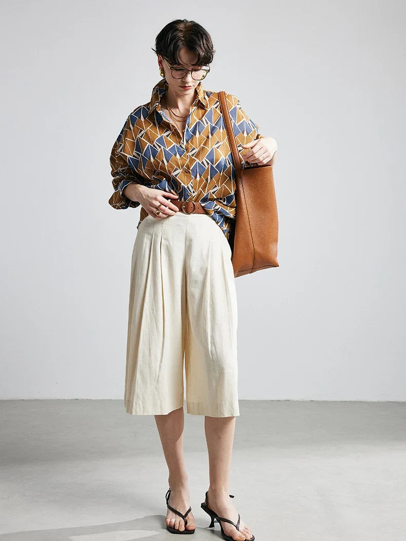 100% Ramie Printed Blouse  -  Women's Turn-Down Collar Shirt in Blue, Green, or Yellow