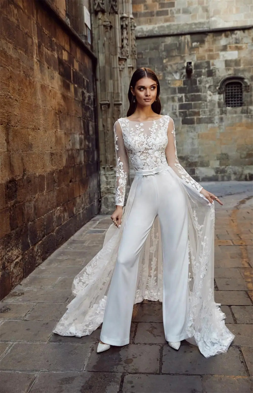 Illusion Long Sleeve Bridal Jumpsuit – Sheer Lace with Removable Train, Custom Made