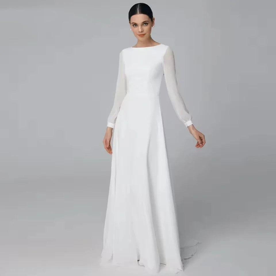Ivory A-Line Wedding Dress – O-Neck Satin Chiffon, Floor-Length Bridal Gown, Custom Made