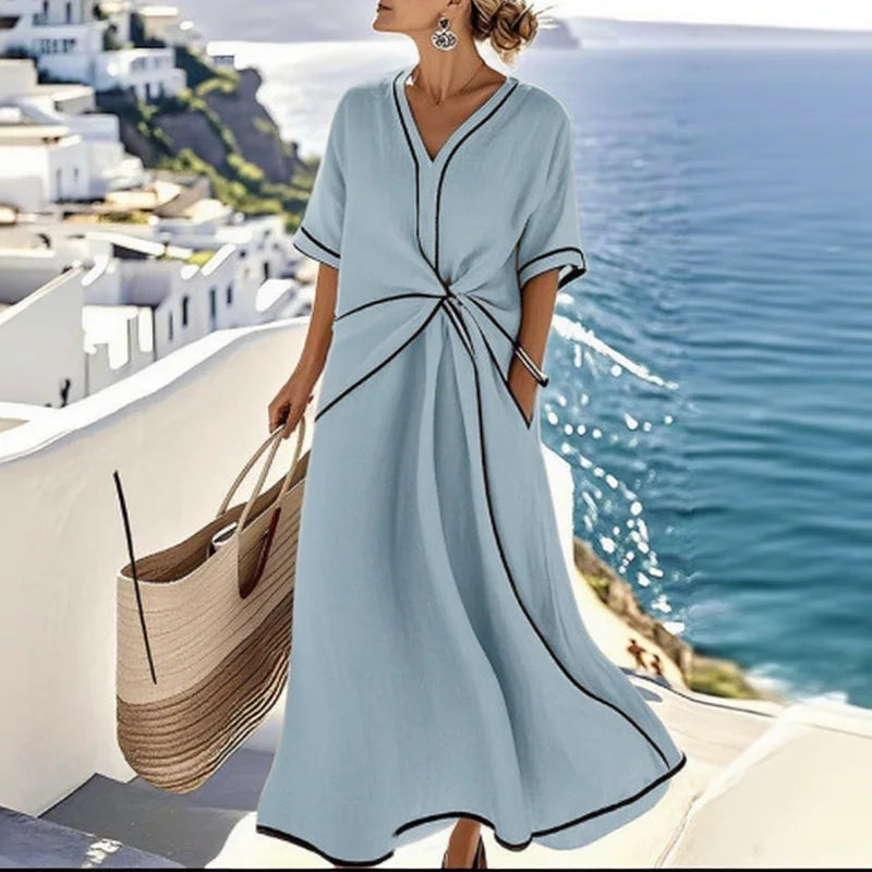 Elegant Striped Print V-Neck Maxi Dress – Short Sleeve Boho Casual Summer Beach A-Line