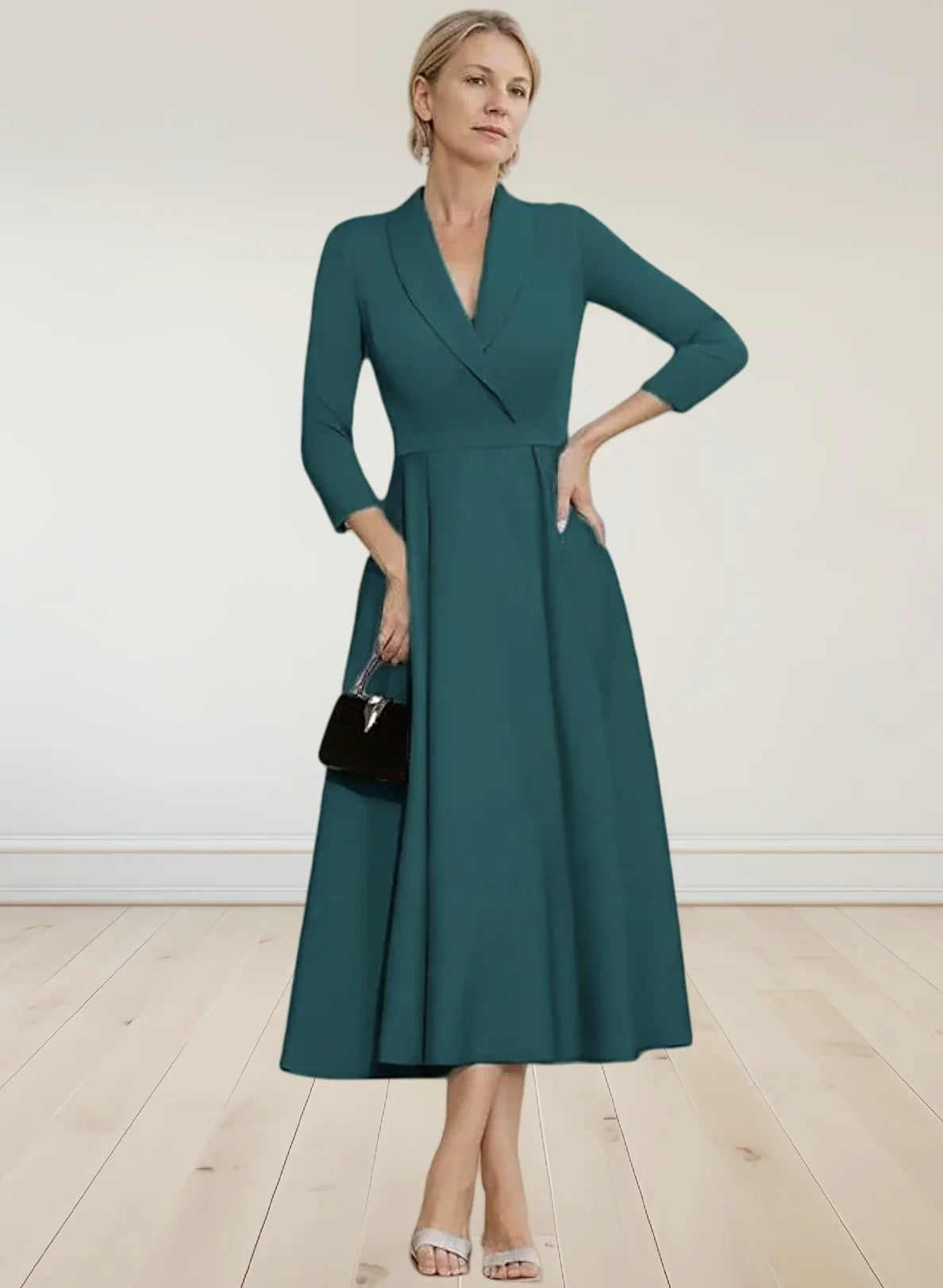Elegant A-Line Satin Mother of the Bride Dress – Tea Length with 3/4 Sleeves | 2025 Wedding Guest Look