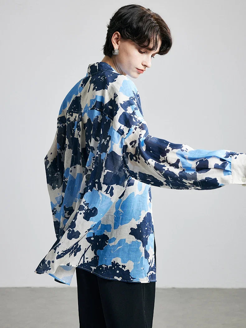 100% Ramie Printed Blouse  -  Women's Turn-Down Collar Shirt in Blue, Green, or Yellow