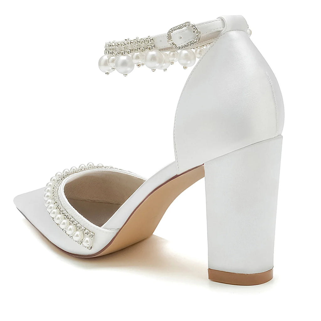 Elegant Satin Evening Pumps with Thick Block Heel, Pearls & Ankle Strap  -  Bridal, Prom, Party Shoes
