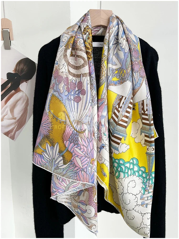 Designer Mulberry Silk Large Scarf – Luxury Hand-Rolled Edge Shawl & Wrap (135 cm)