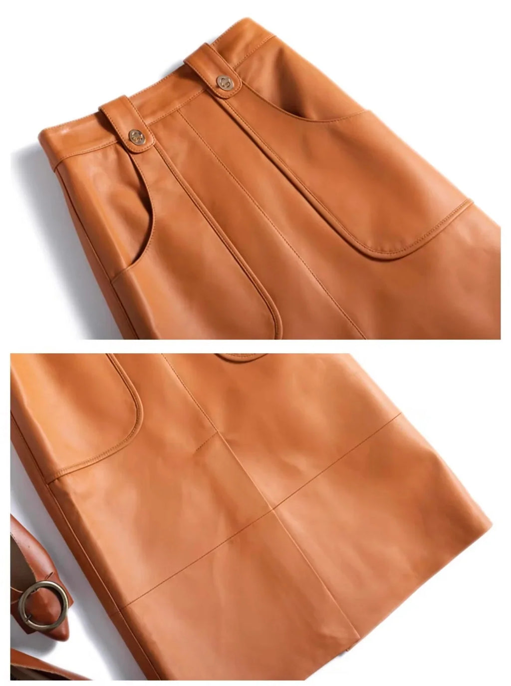 Fashion New Genuine Leather Office Lady for Women Sheepskin Elastic Waist Wrap Long Faldas Mujer Mid Length Front Slit Pocket