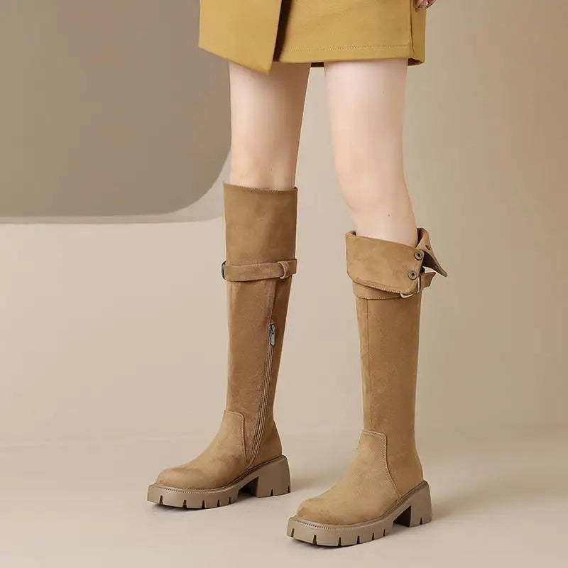 Flock Fur Over-the-Knee Winter Boots – Round Toe, Lace-Up, Zipper & Buckle Design, Thick Medium Heels, Warm Punk Snow Riding Style