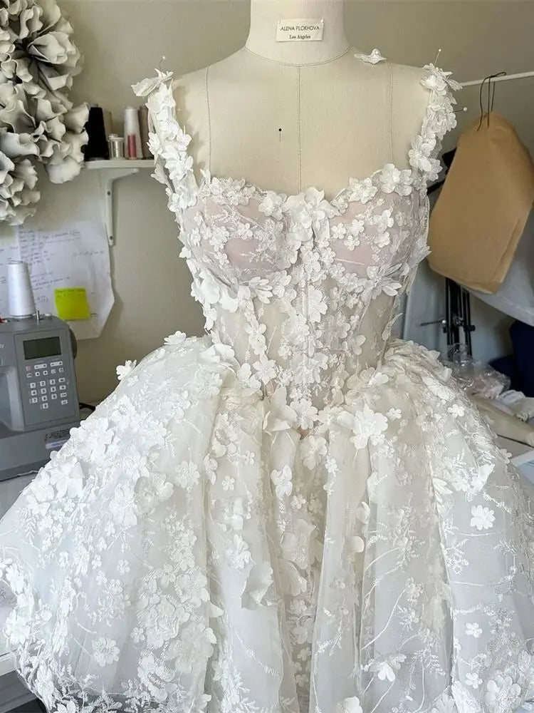 Boho Floral Lace Mini Ball Gown – Short Dress for Prom, Wedding or Evening, Custom Made