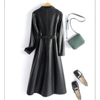 Elegant Women'sSheepskin Leather Trench Coat  –  Double Breasted Slim Long Coat with Stand Collar & Lace-Up Detail