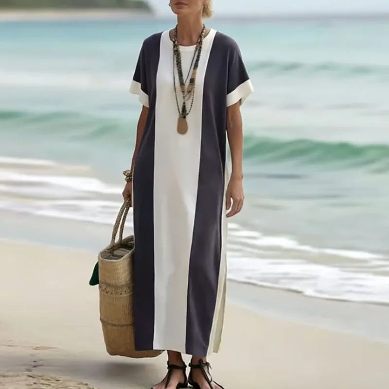 Elegant Patchwork Maxi Dress – Spring Summer Crew Neck Short Sleeve Boho Beach Dress with Side Split for Women