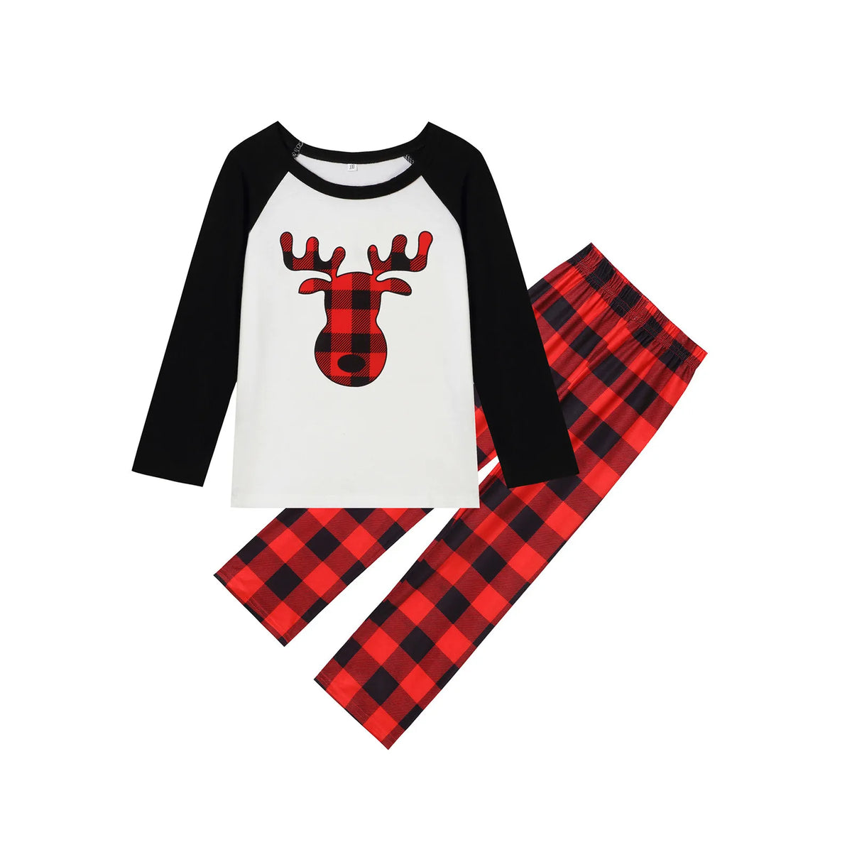 Cartoon Deer Christmas Pajama Set – Plaid Pants, Adult Sizes S–3XL