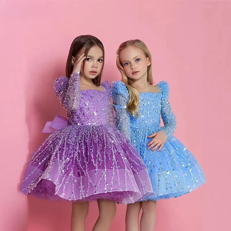 Girls Dress Sequin Mesh Long-sleeved Birthday Party  Outfit Matching BabyProm New children's Clothes Opening Ceremony
