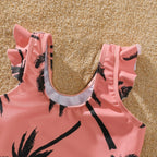 Family Matching Coconut Tree Print Swimwear – Pink Swim Trunks & Spaghetti Strap One-Piece Swimsuit