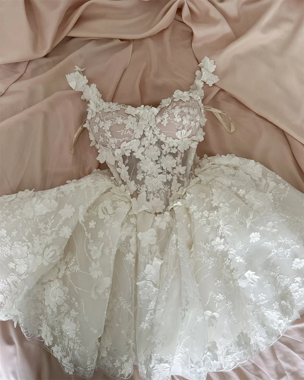 Boho Floral Lace Mini Ball Gown – Short Dress for Prom, Wedding or Evening, Custom Made