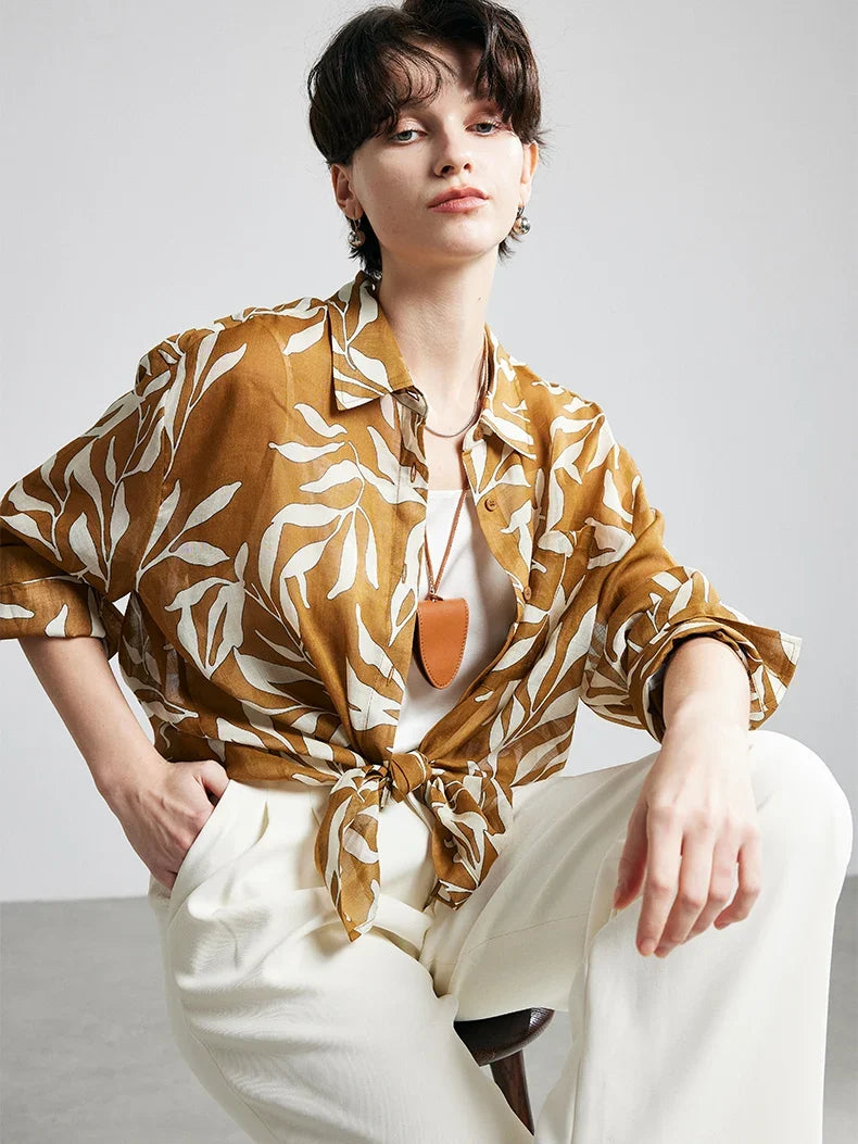 100% Ramie Floral Blouse  -  Women's Printed Shirt with Turn-Down Collar