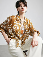 100% Ramie Floral Blouse  -  Women's Printed Shirt with Turn-Down Collar