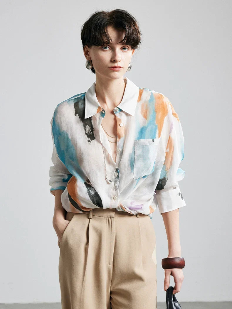 100% Ramie Floral Blouse  -  Women's Printed Shirt with Turn-Down Collar