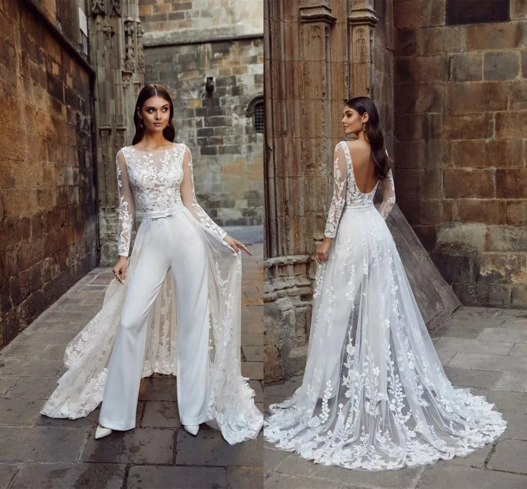 Illusion Long Sleeve Bridal Jumpsuit – Sheer Lace with Removable Train, Custom Made