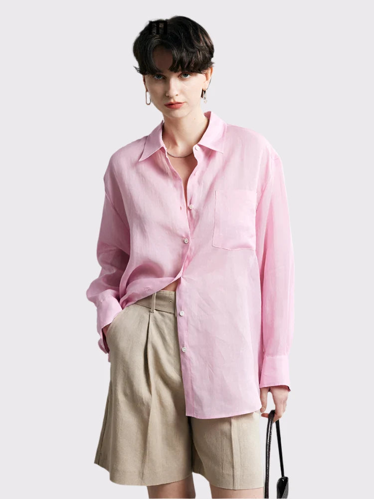 100% Ramie Solid Blouse  -  Women's Loose-Fit Shirt with Turn-Down Collar & Chest Pocket