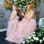 Elegant Pink Ruffled Mesh Tutu Dress for Mom and Daughter â€“ Sleeveless Matching Outfits for Birthday Party, Prom, or Christmas Photoshoot