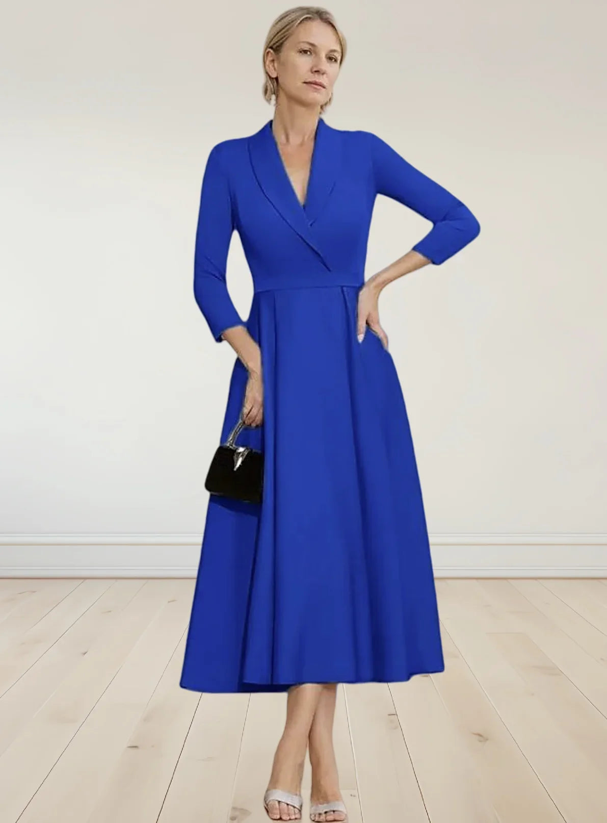 Elegant A-Line Satin Mother of the Bride Dress – Tea Length with 3/4 Sleeves | 2025 Wedding Guest Look