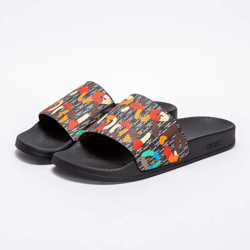 Fashionable Classic Women’s Slippers – PVC Material, Letter Print, Outdoor Casual Flat Bottom