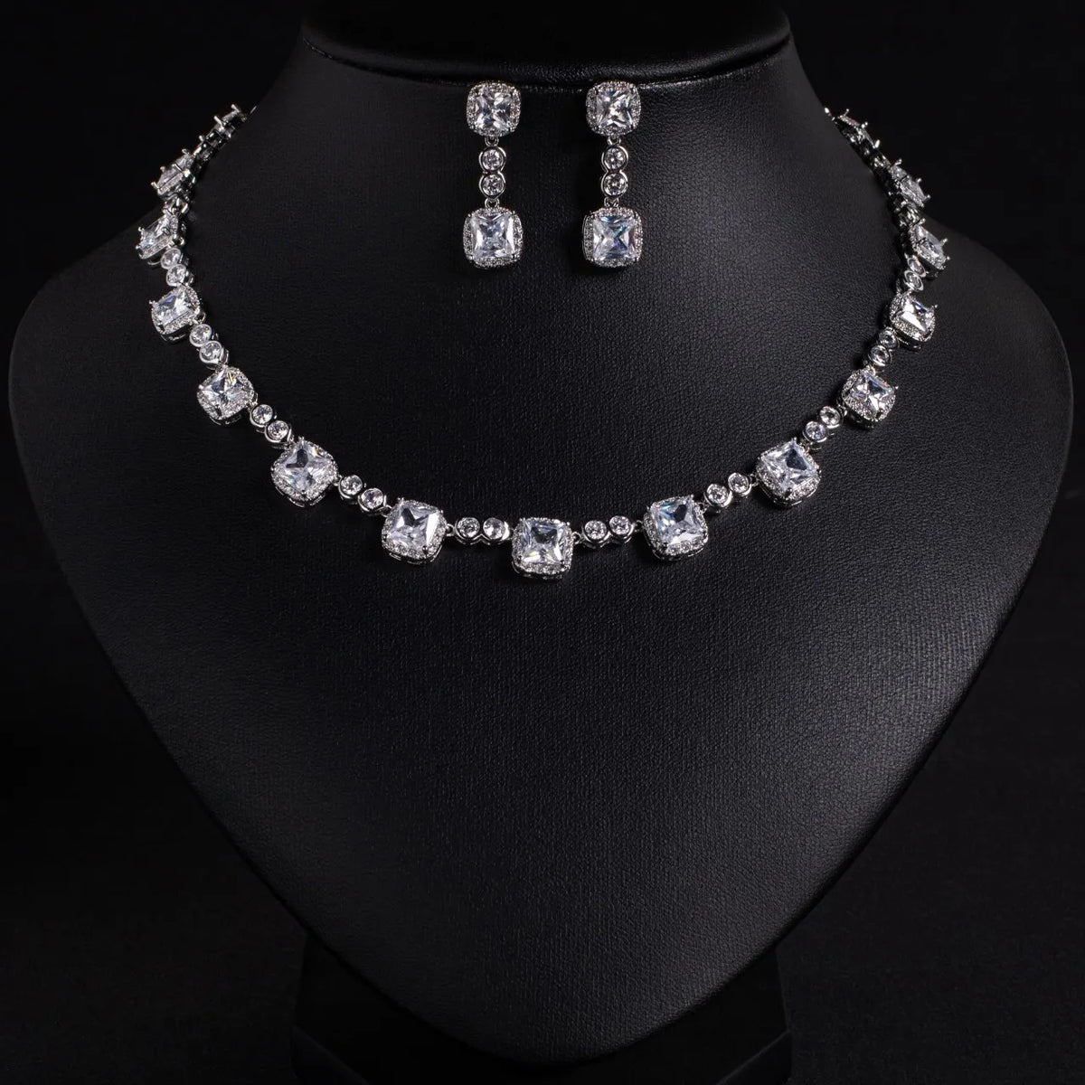 2-Piece Luxury Small Square Zirconia Jewelry Set Elegant Necklace & Earrings for Women | Party, Festival, Prom & Summer Date Look (S-650)