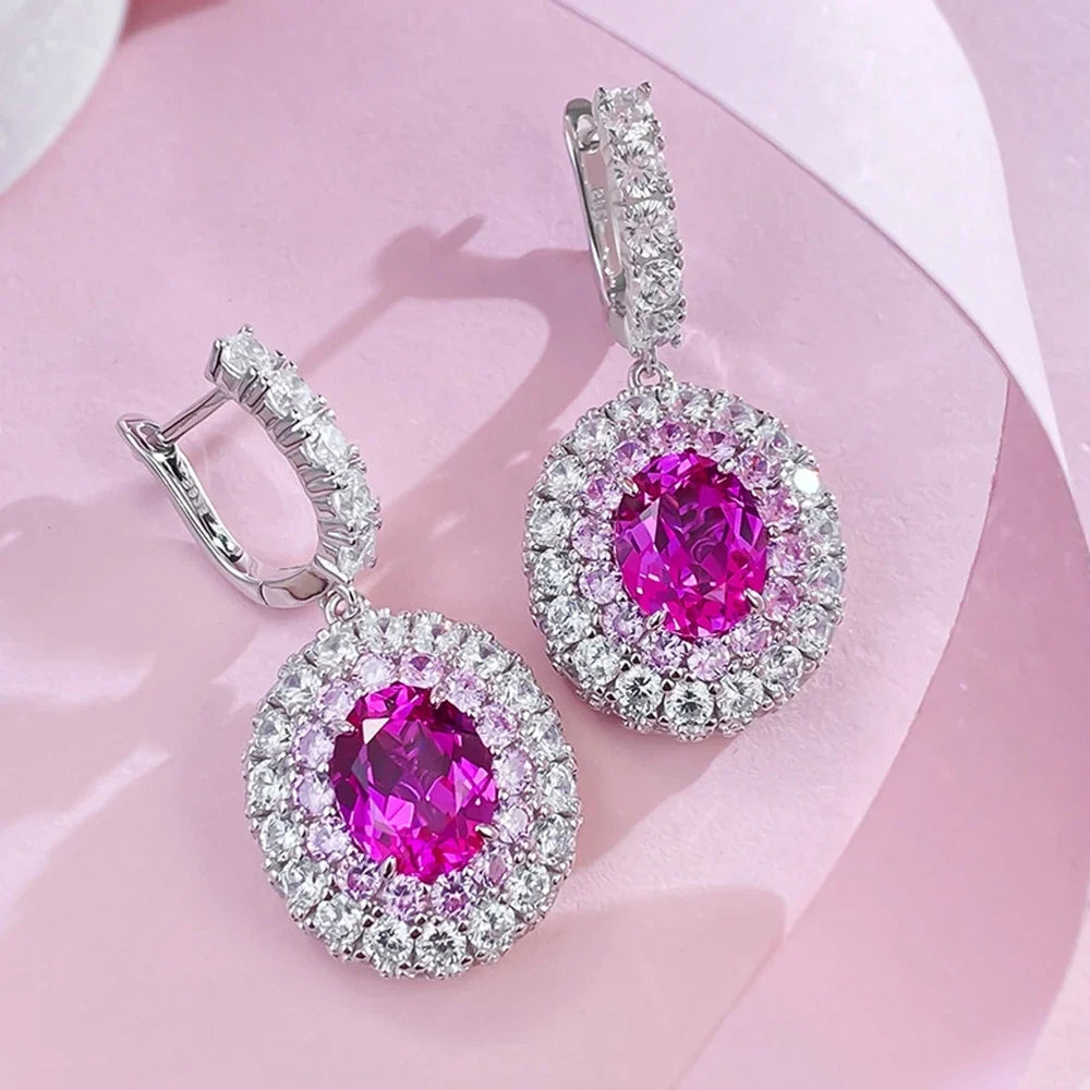 100% 925 Sterling Silver  8-M Oval Lab Sapphire Drop Earrings High Carbon Diamond Accents | Sparkling Fine Jewelry for Women