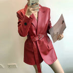 Chic Red Women’s Genuine Sheepskin Leather Blazer with Belt – Turn-Down Collar Mid-Length Jacket