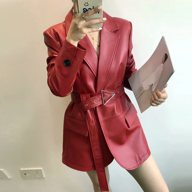 Chic Red Women’s Genuine Sheepskin Leather Blazer with Belt – Turn-Down Collar Mid-Length Jacket