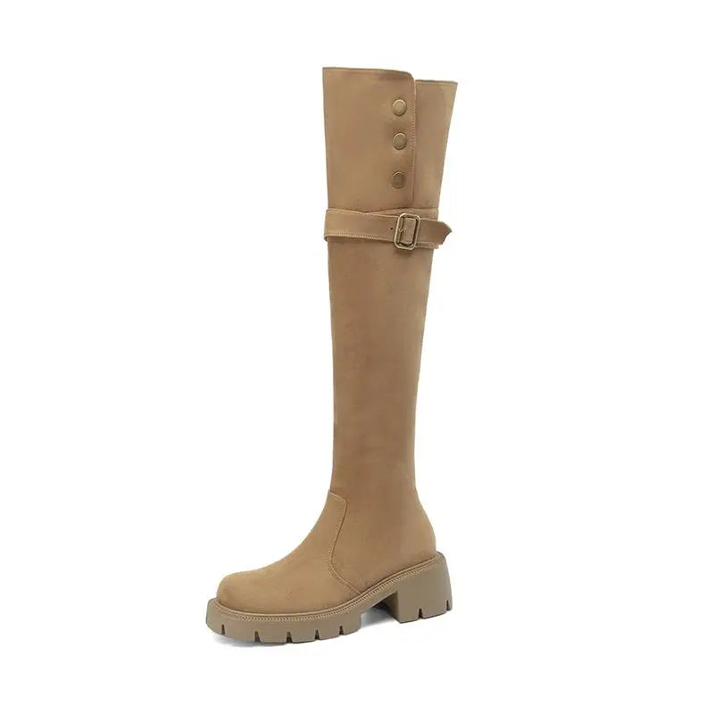 Flock Fur Over-the-Knee Winter Boots – Round Toe, Lace-Up, Zipper & Buckle Design, Thick Medium Heels, Warm Punk Snow Riding Style