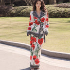 Gizelle High Street Runway Floral Print Notched Collar Blouse & Wide Leg Pants Fashion 2 Pieces Sets Women Chic Designer Outfits